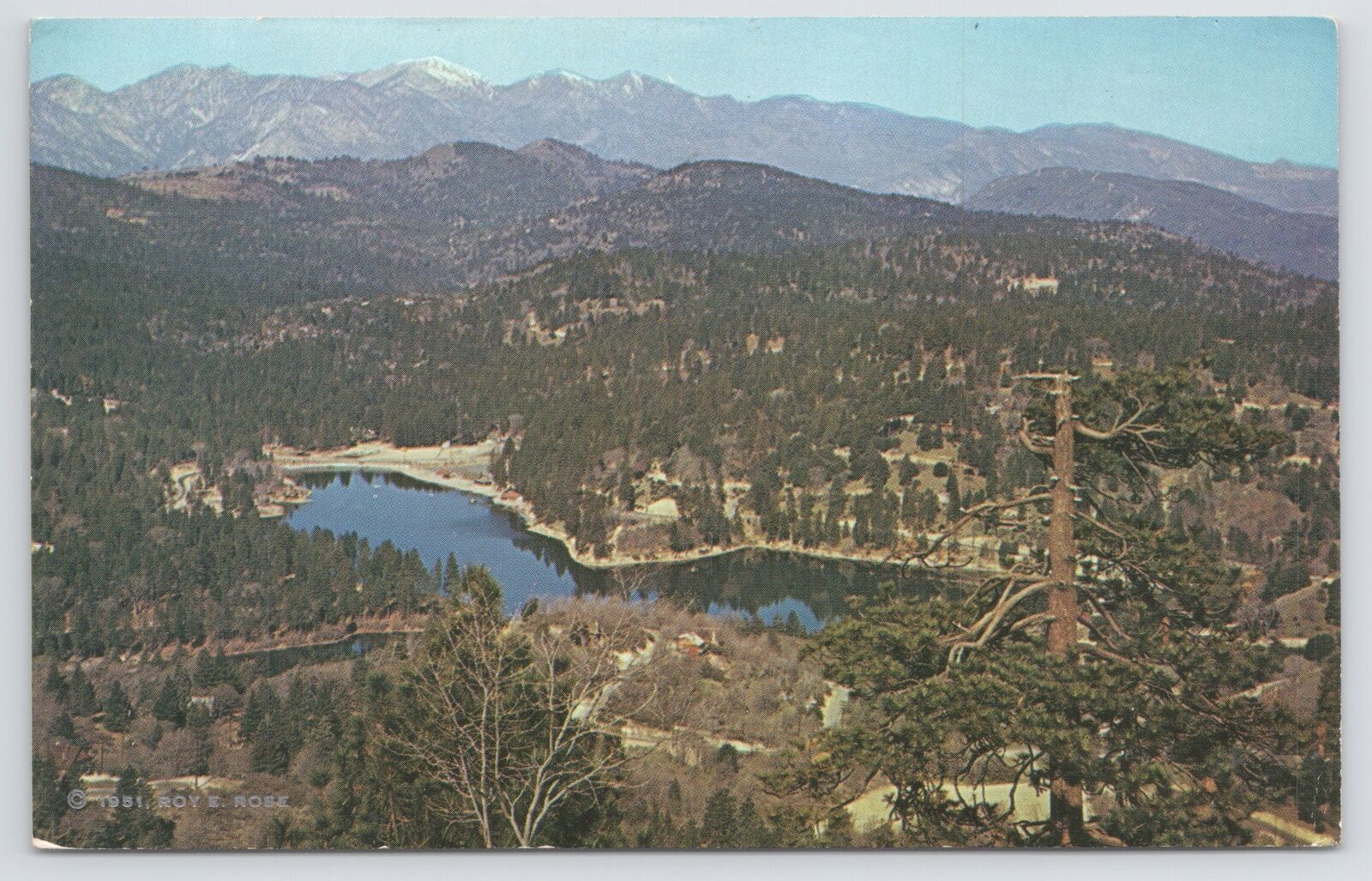 State View~Crestline CA~Aerial~Lake Gregory~Snow Capped Mt Baldy~Vintage PC