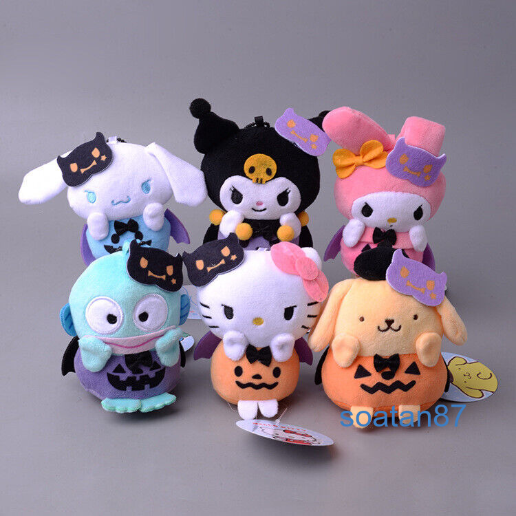 6Pcs Sanrio Halloween Pumpkin Kulomi Hello Kitty Plush Toy Doll 10Cm Keychain