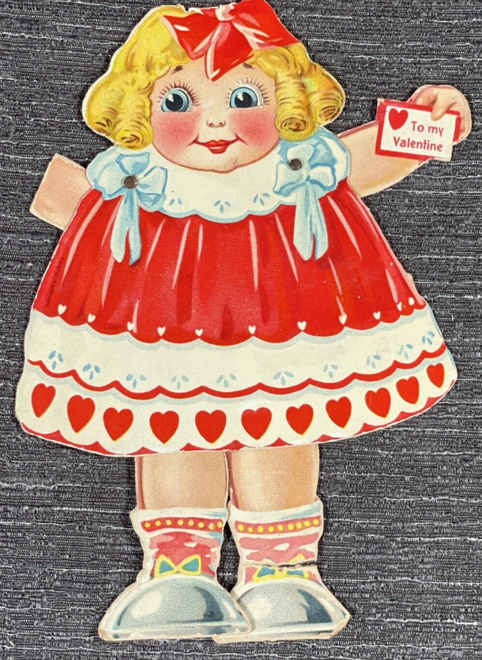 Vintage Valentine Card Mechanical Girl Red Dress Eyes Blink Legs Arms Move Torn