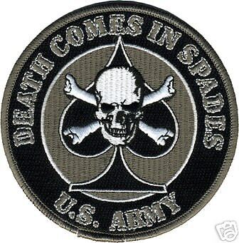 ARMY DEATH COMES IN SPADES SKULL BONES SKULL EMBROIDERED BLACK PATCH