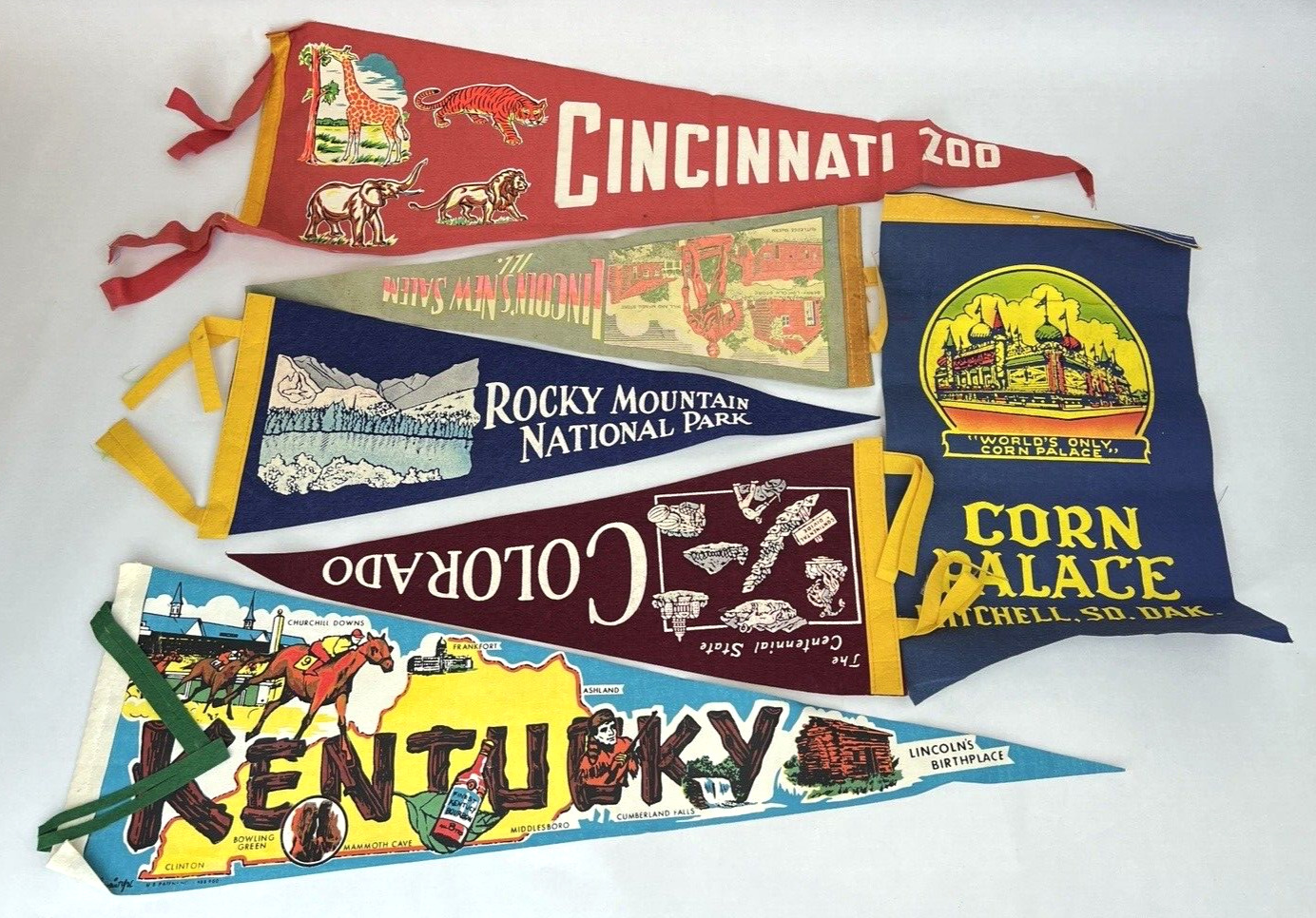 1950s Souvenir Felt Pennant Lot (6) 14”- 30” Travel Kentucky/Rocky Mountain Natl
