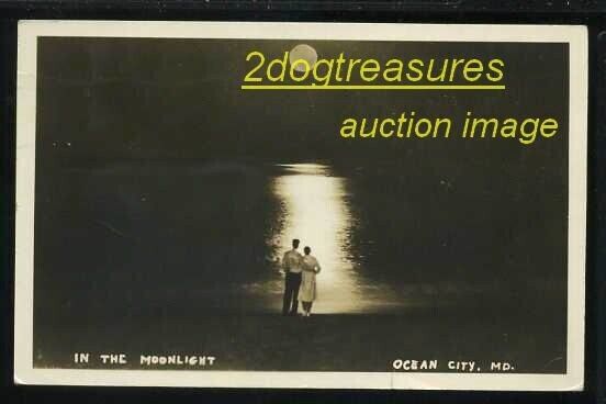 Rppc Romantic Couple Basking In The Moonlight Ocean City Md Maryland Old Real Ph