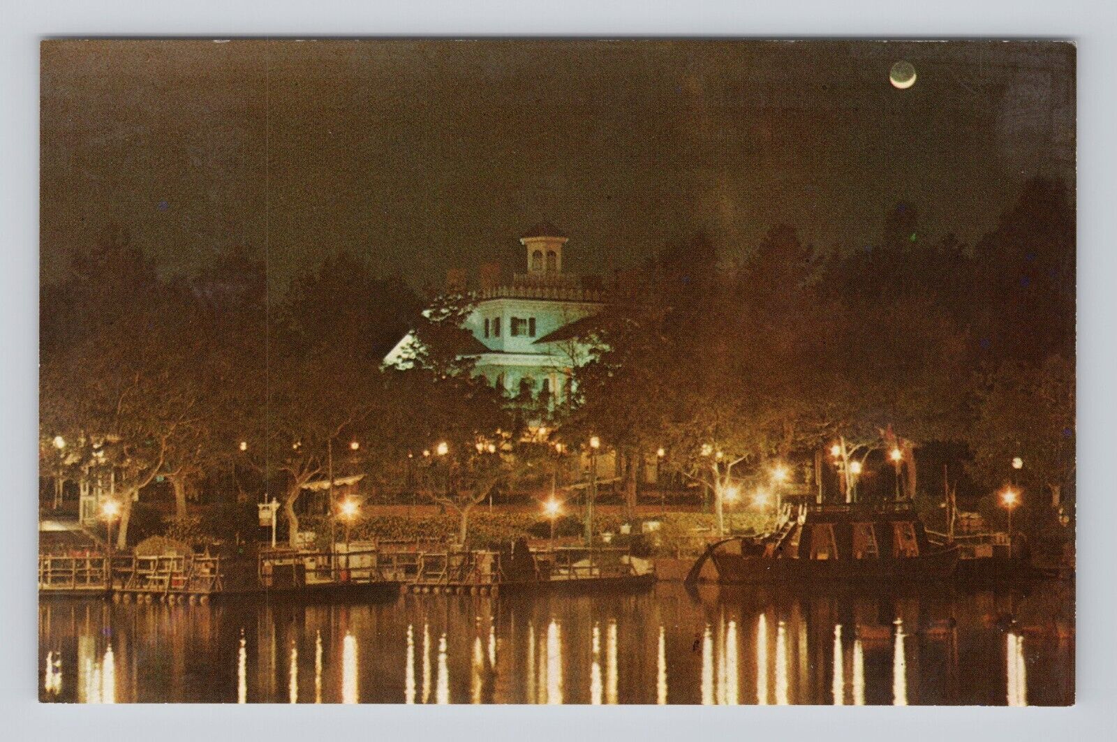 Postcard Disneyland Haunted Mansion Moonlit rivers of America New Orleans Square