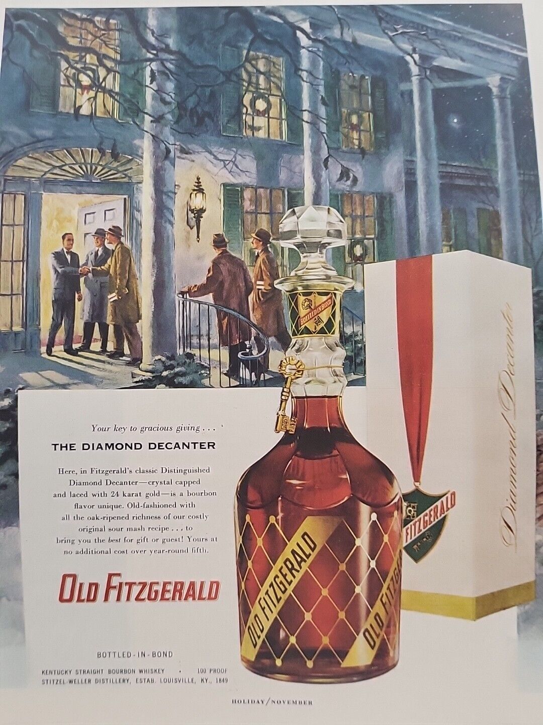 1953 Old Fitzgerald Kentucky Straight Bourbon Whiskey Holiday Print Ad Christmas