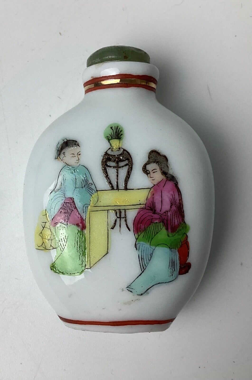 Vintage Chinese Snuff Bottle Hand Painted Porcelain Jade Stopper