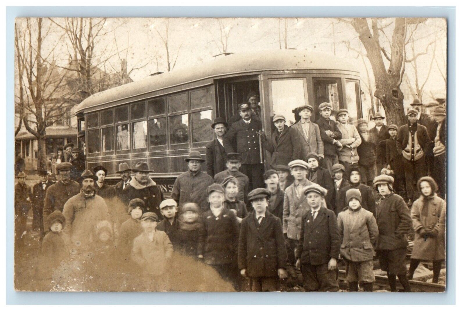 c1910's Trolley Operator Children Crowd Boys Girls RPPC Unposted Photo Postcard