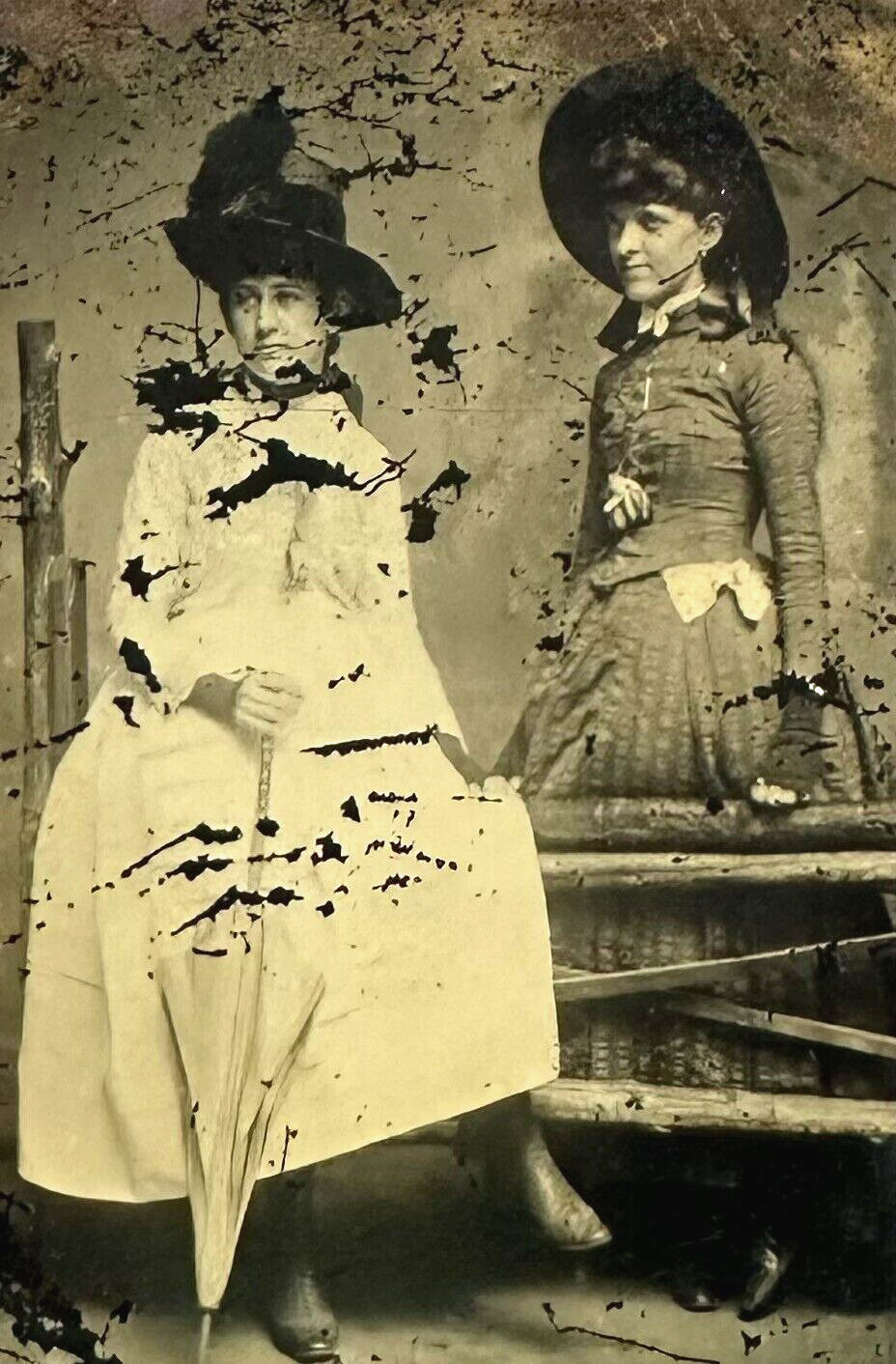 1800s Tintype Photograph of Victorian Era Women Posing for Studio Portrait