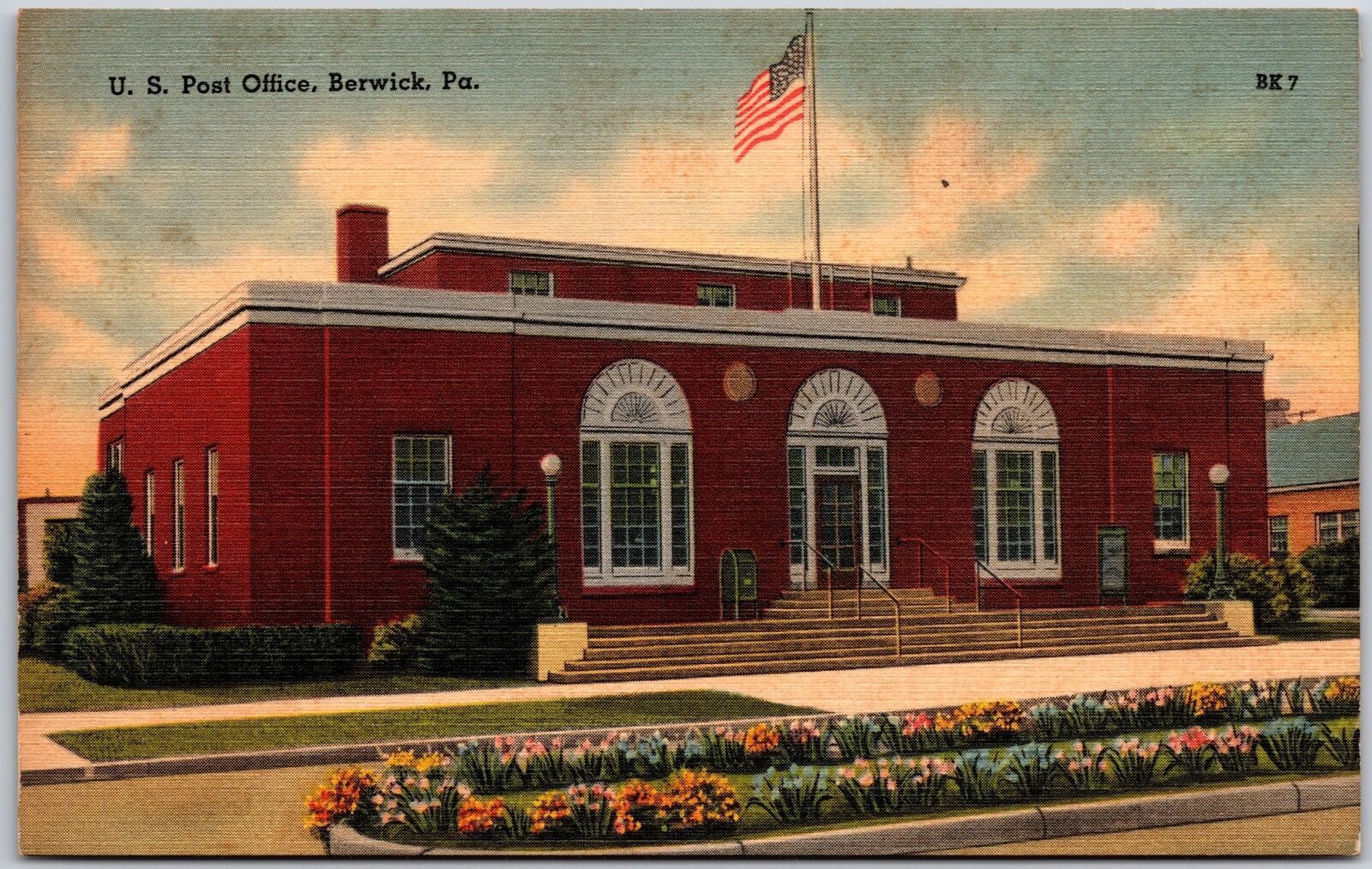 U.S. Post Office Berwick Pennsylvania Grounds & Flower Gardeb Outside Postcard