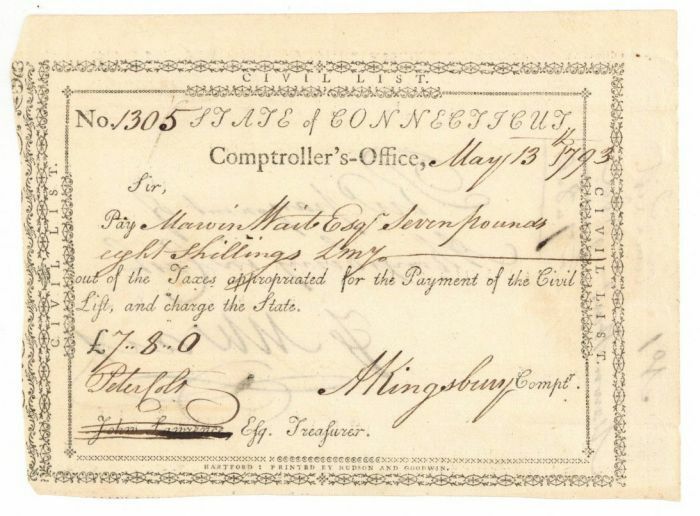 Pay Order Signed by Andrew Kingsbury and Peter Colt - Connecticut Revolutionary 
