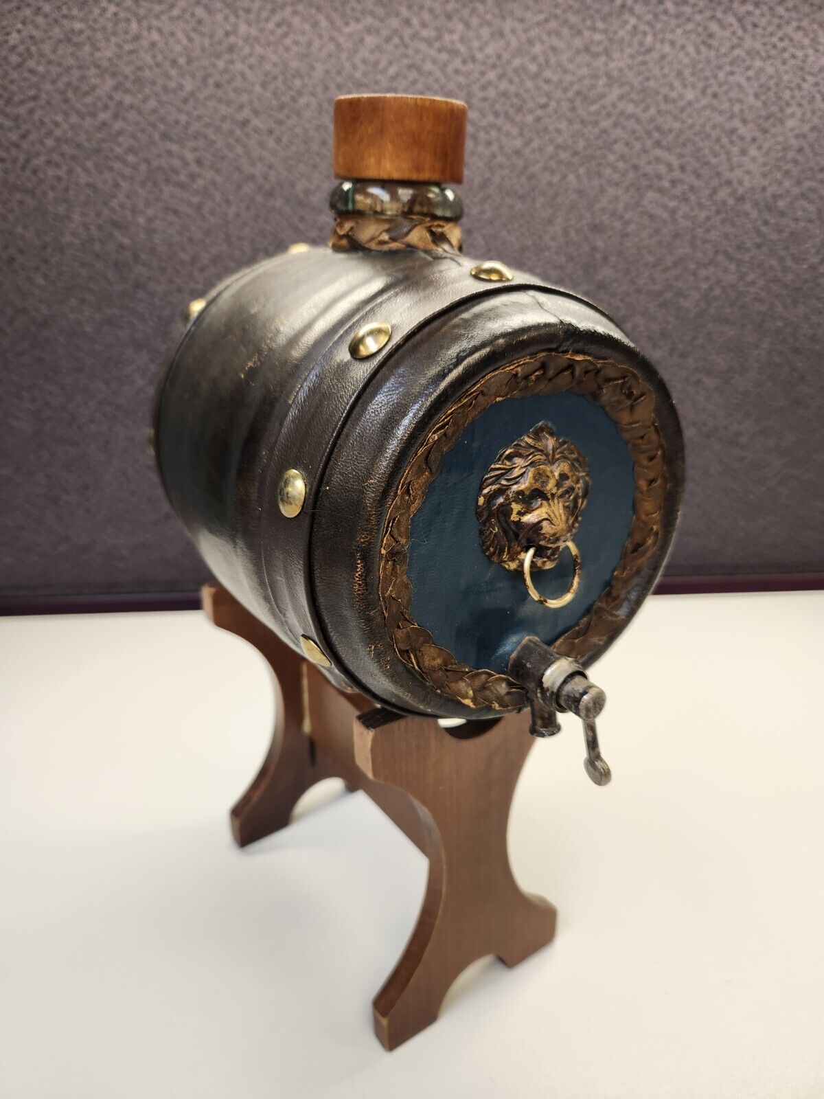 RARE Vintage  Leather Decanter Barrel Lions Head With Stand
