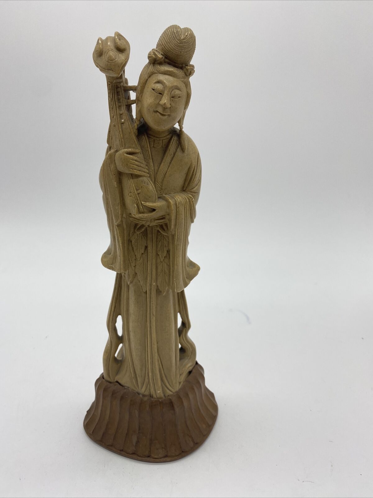 Antique Geisha Hard Stone Sculpture Oriental Instrument 12” Wood Japan Soapstone