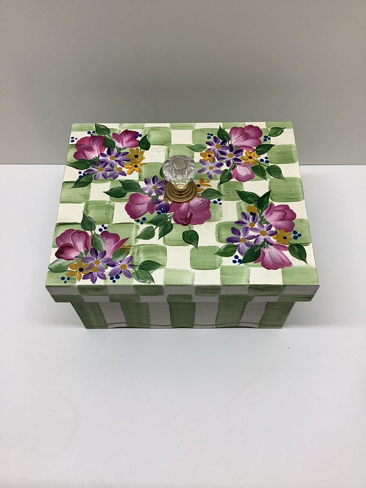 Decorative hand painted artist signed chest box green w/ purple floral New 7”x6”