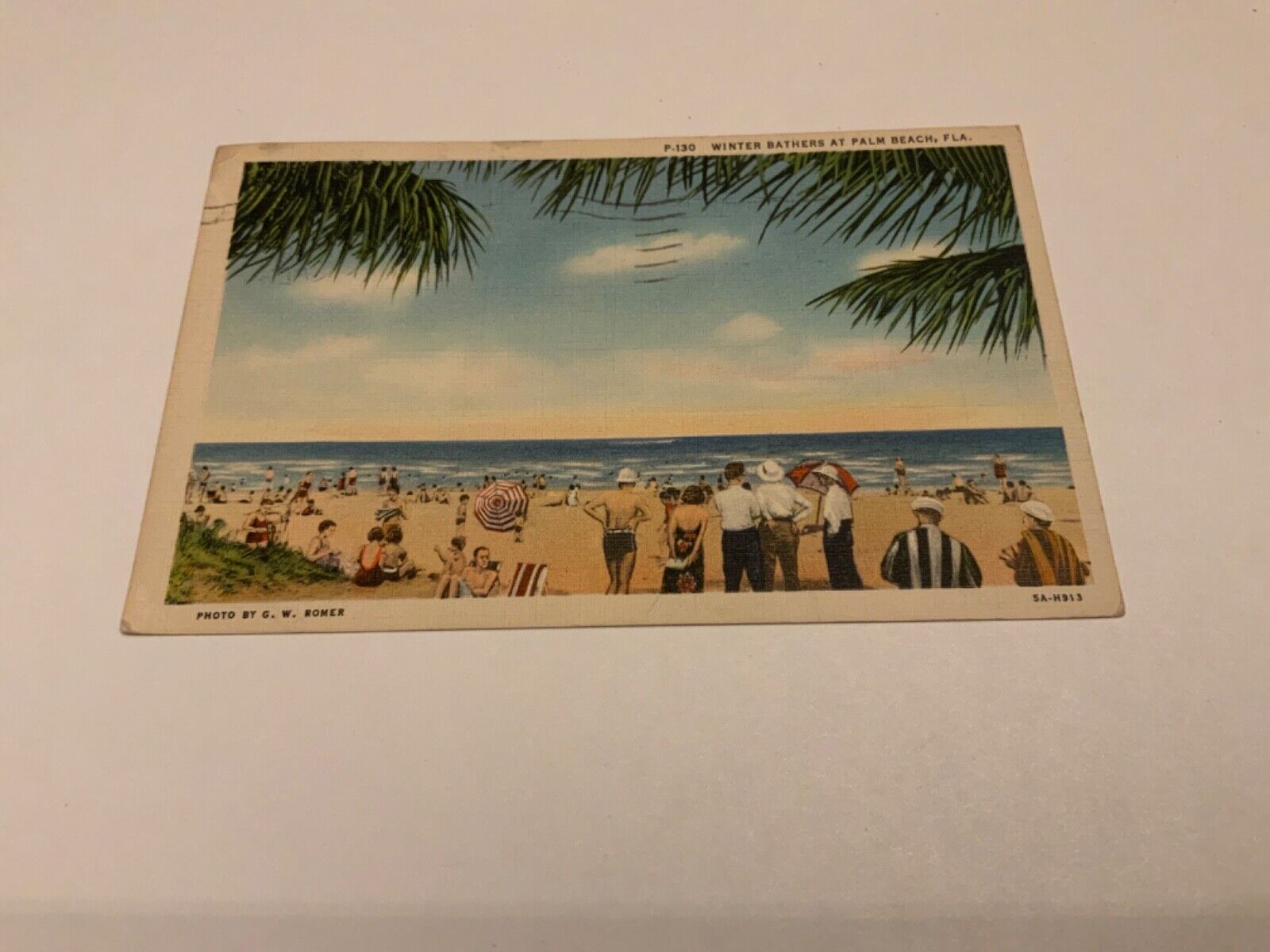 Palm Beach, Fla. ~ Winter Bathers - Beach Scene - 1938 Vintage Linen Postcard