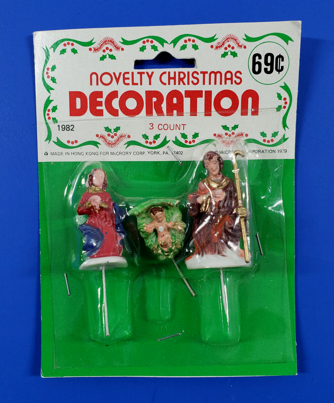 1980s NOS Vintage McCrory Nativity 3 Pc Plastic Pick Christmas Decorations NIP