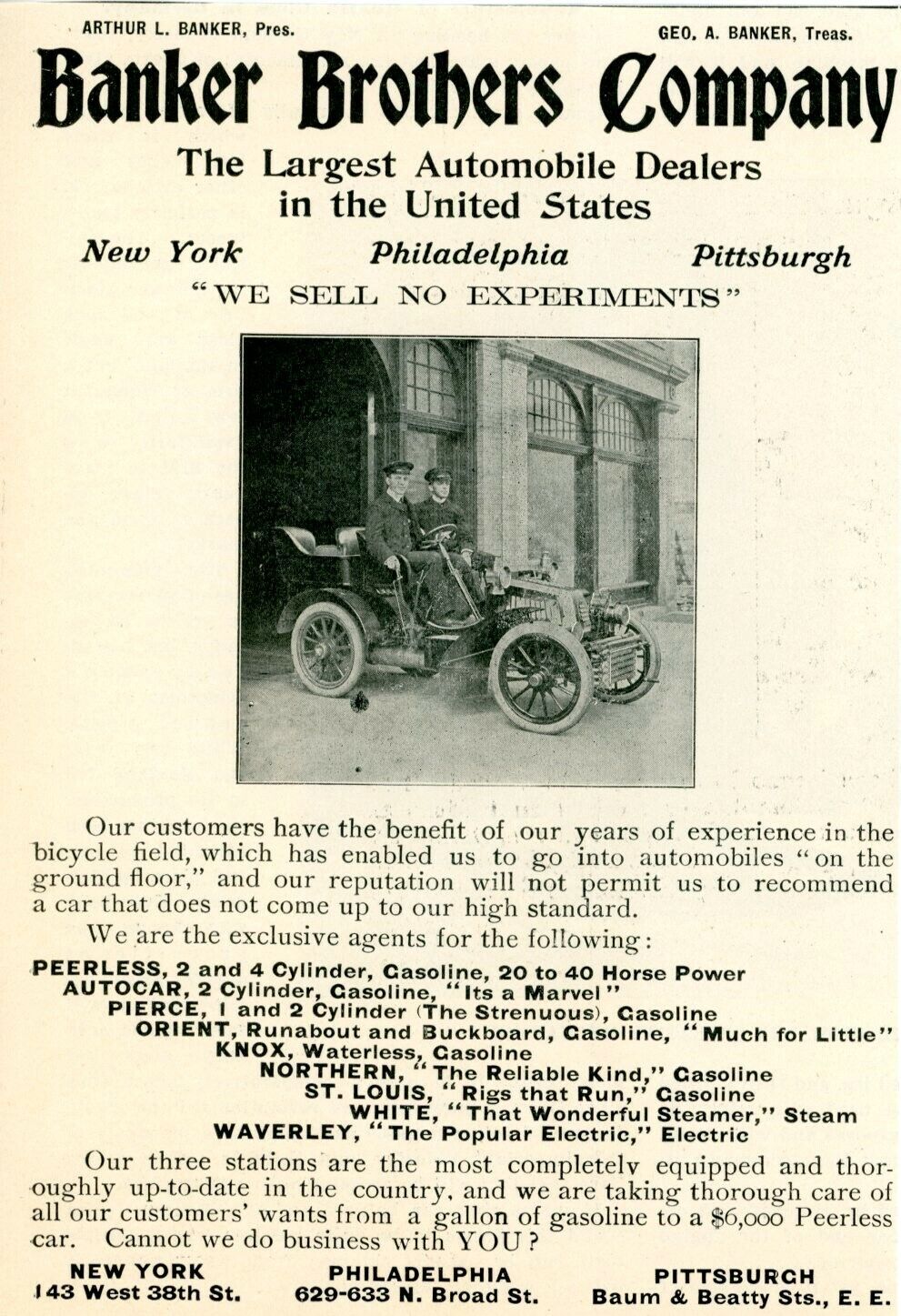 1903 Original Banker Brothers Car Dealers Ad. 9 Makes. 3 Cities. Largest In USA