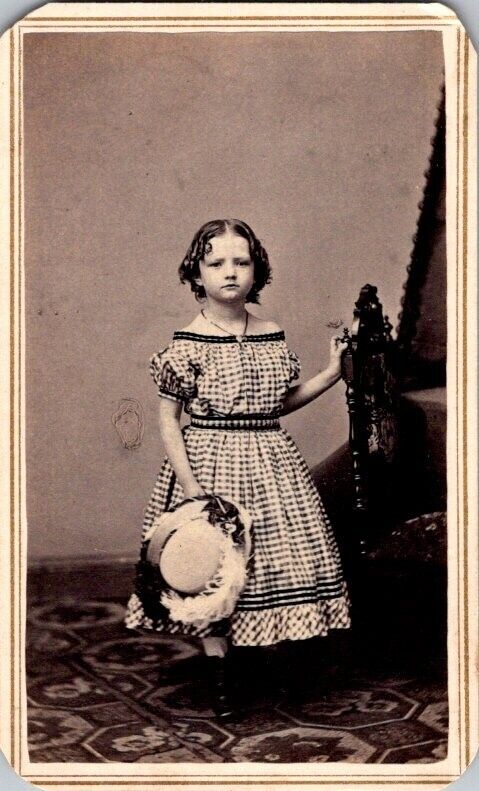 Lovely Little Girl, Plaid Dress, Hat, Necklace, c1860s, CDV Photo, #1964