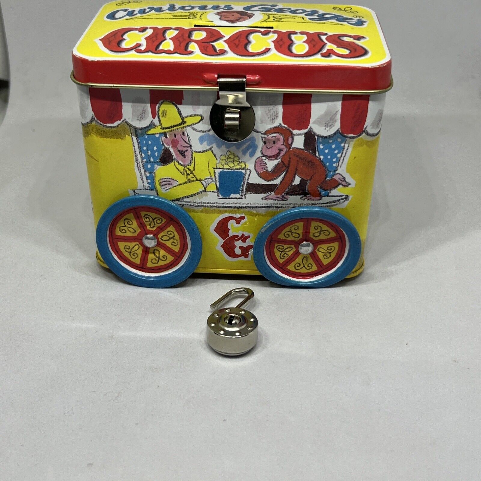 Vintage Curious George Tin Coin Bank With Wheels Schylling 1995