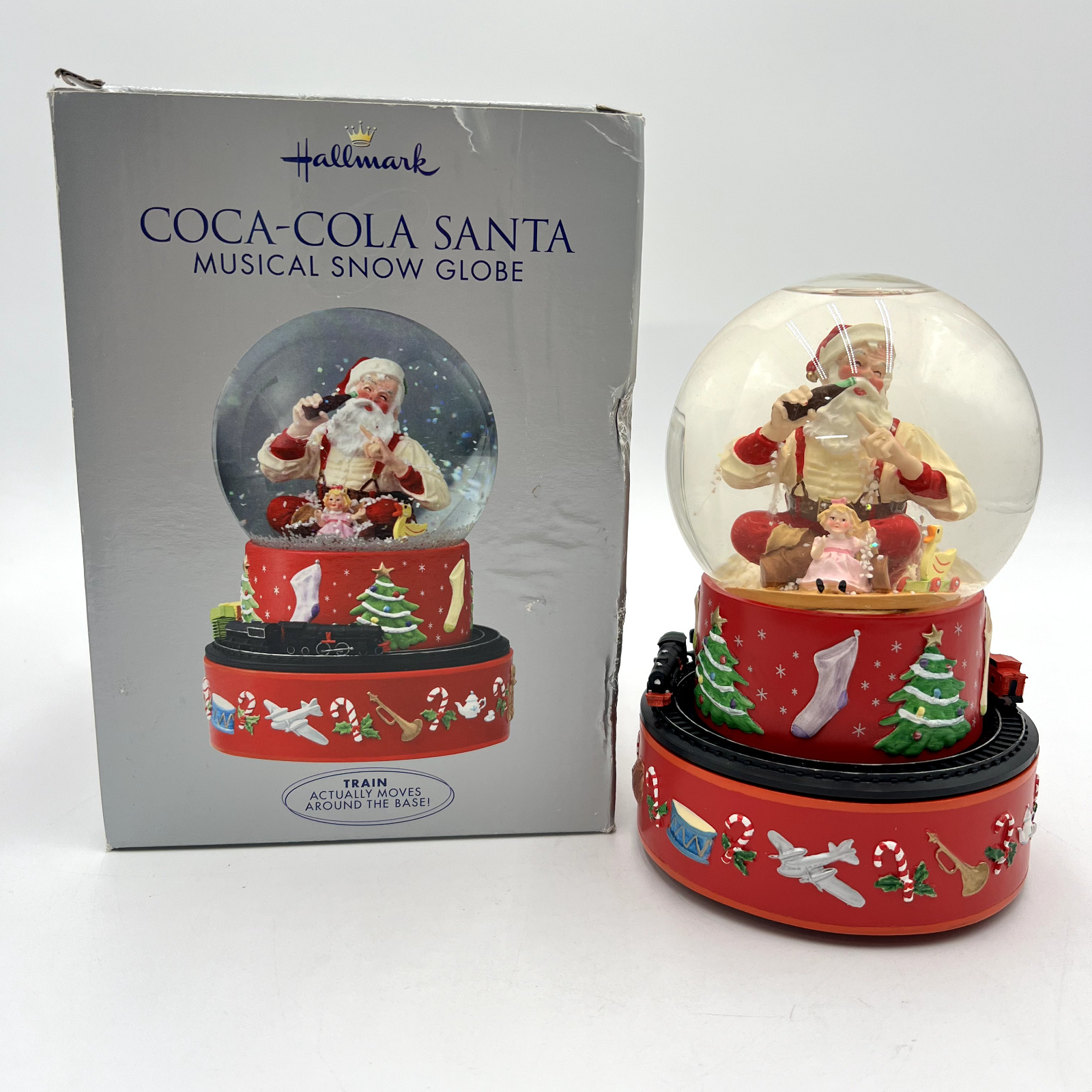 Hallmark Coca Cola 2001 Musical Snow Globe Santa Christmas Decor, Moving Train