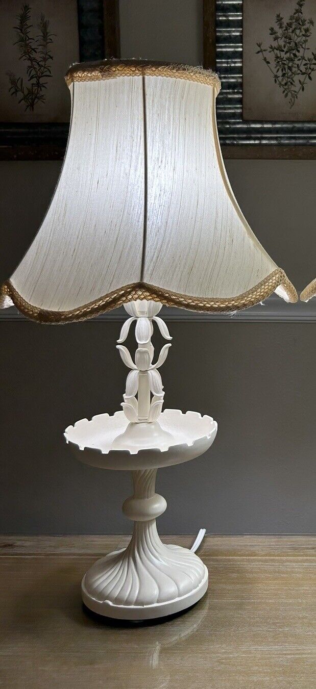 Vintage Lamp Metal Boudoir Bedside Original Shade Restored Trinket Dish Ledge