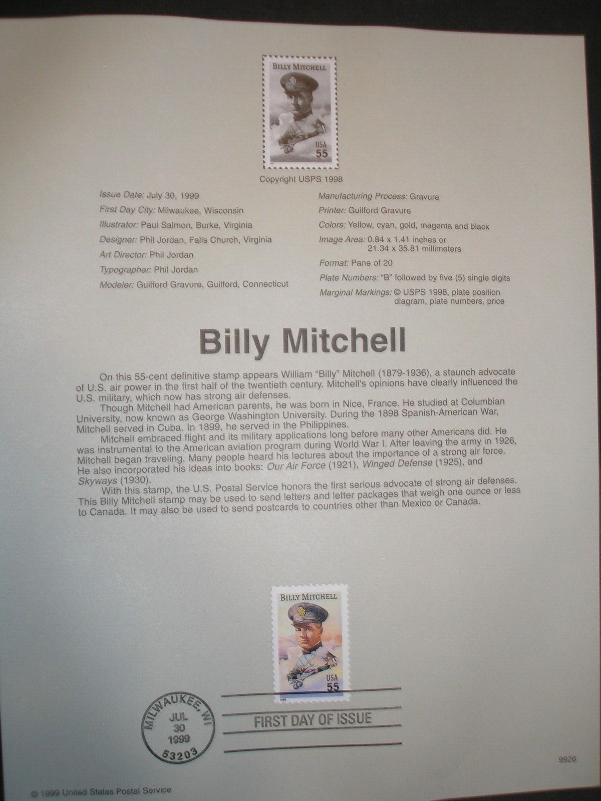 USPS Souvenir Page for .55 Scott 3330 Billy Mitchell Stamp.