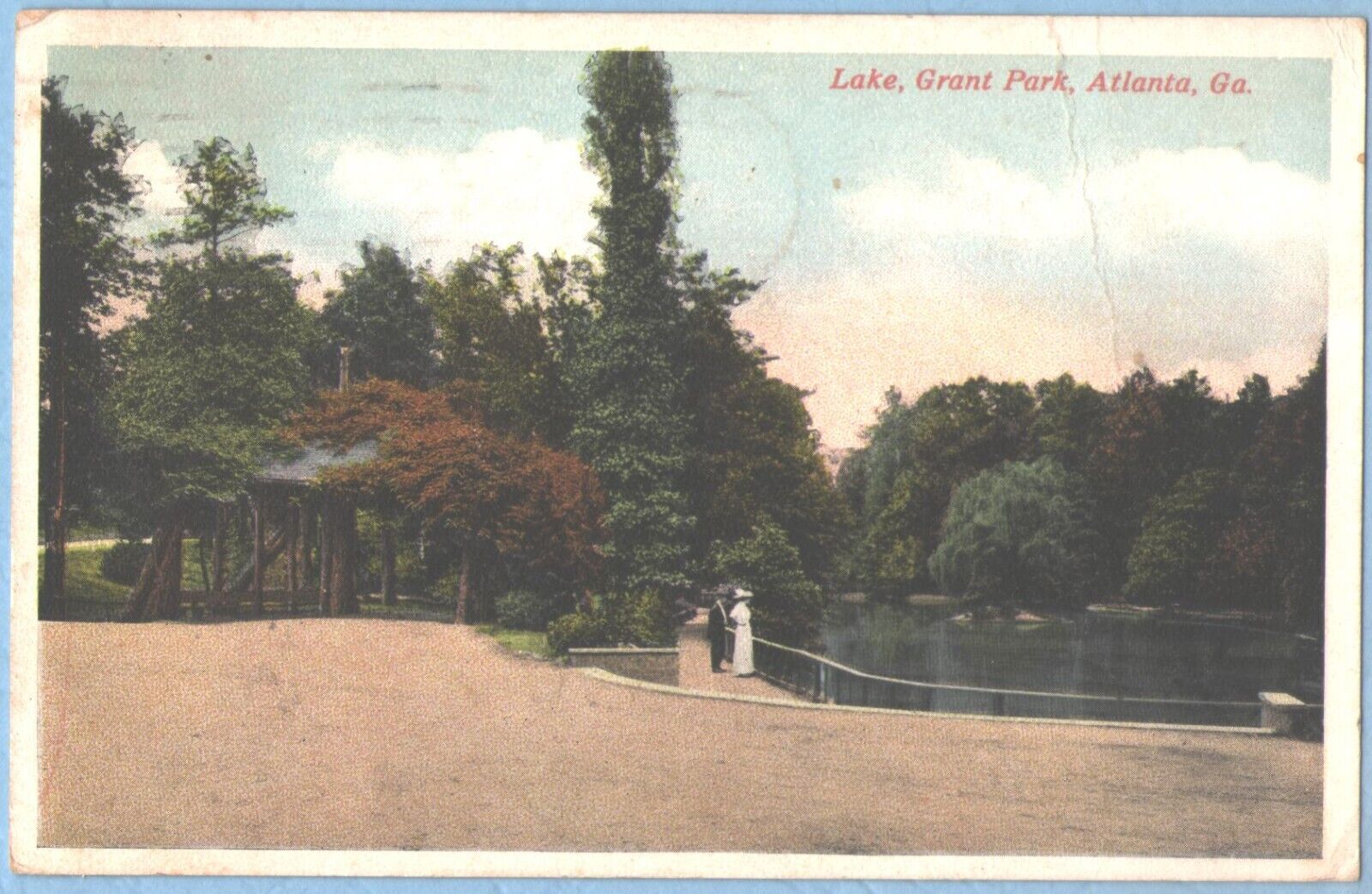 VTG 1915 Postcard - Couple at Lake & Gardens, Grant Park, Atlanta, GA