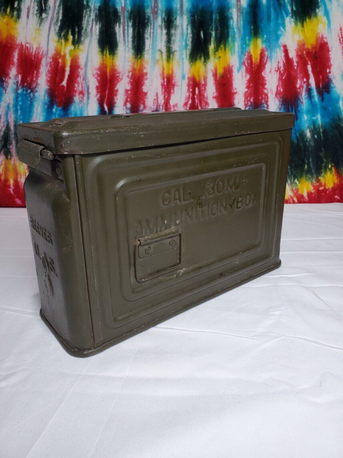 WW2 REEVES METAL 30 Cal M1 AMMO BOX CAN EMBOSSED US ARMY ORDNANCE BRANCH INSIGNA