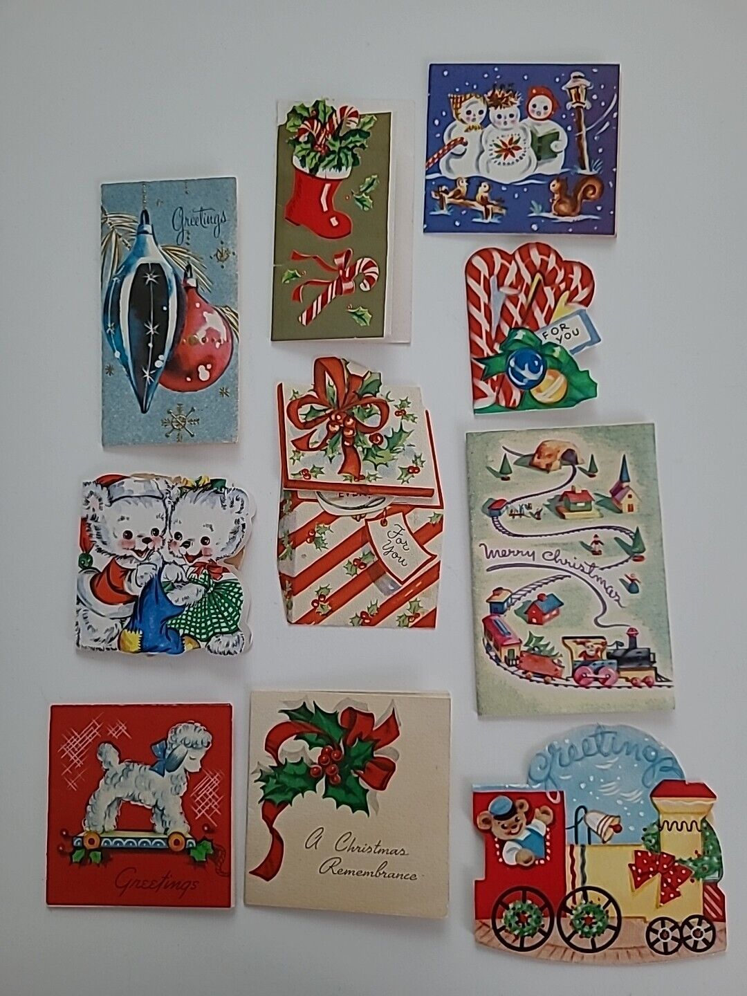 10 Vtg Mid Century CHRISTMAS To - From GIFT TAGS Cards SNOWMAN Candy Train Lamb
