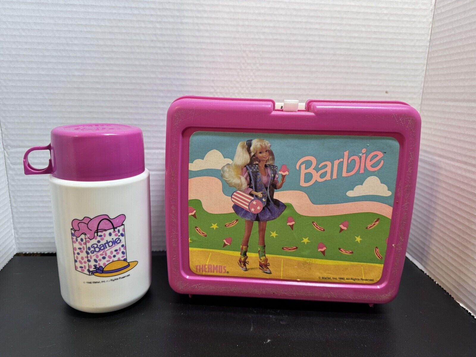 Vintage 1990 Barbie Lunchbox with Thermos pink plastic