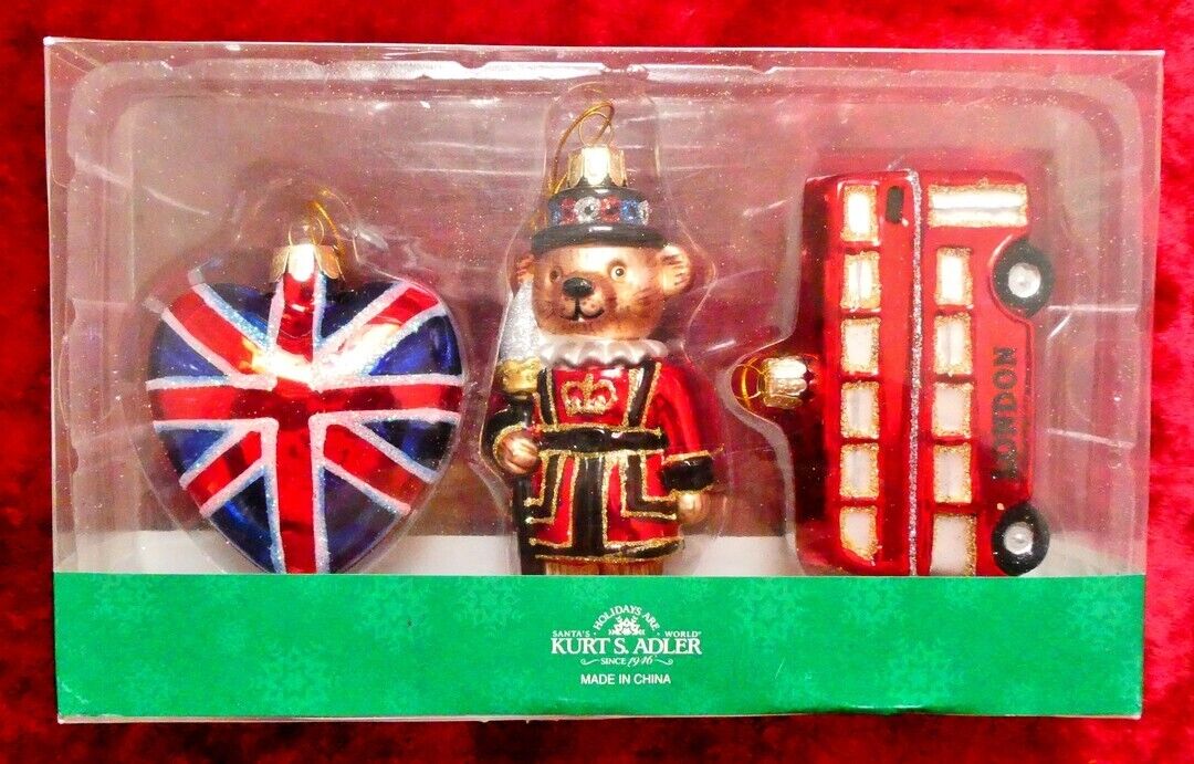 VINTAGE 3 PIECE SET OF BRITISH THEMED CHRISTMAS ORNAMENTS FROM KURT S. ADLER
