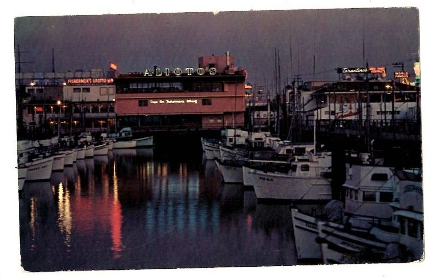 Postcard Fisherman\'s Wharf at Night, San Francisco CA  Boats Seafood Neon Signs