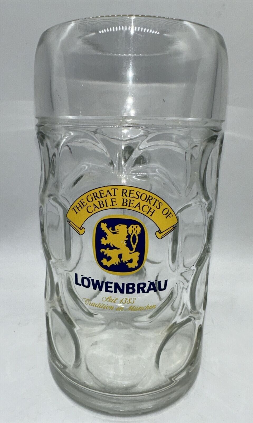 Vintage Lowenbrau 32 Ounce Dimpled Glass 8” Beer Stein Heavy Mug