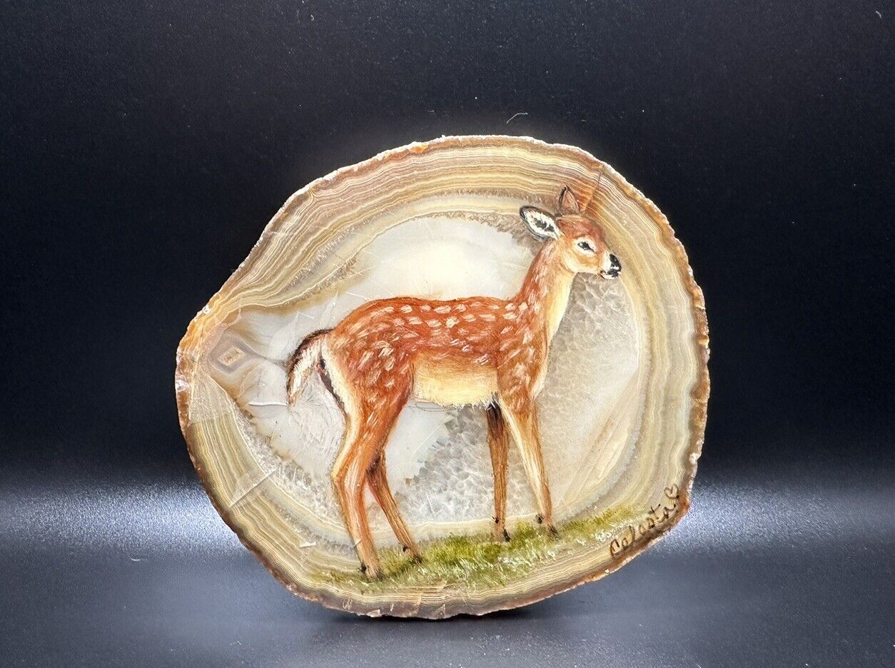 Hand Painted Fawn Deer Agate Slice Original Signed Unique