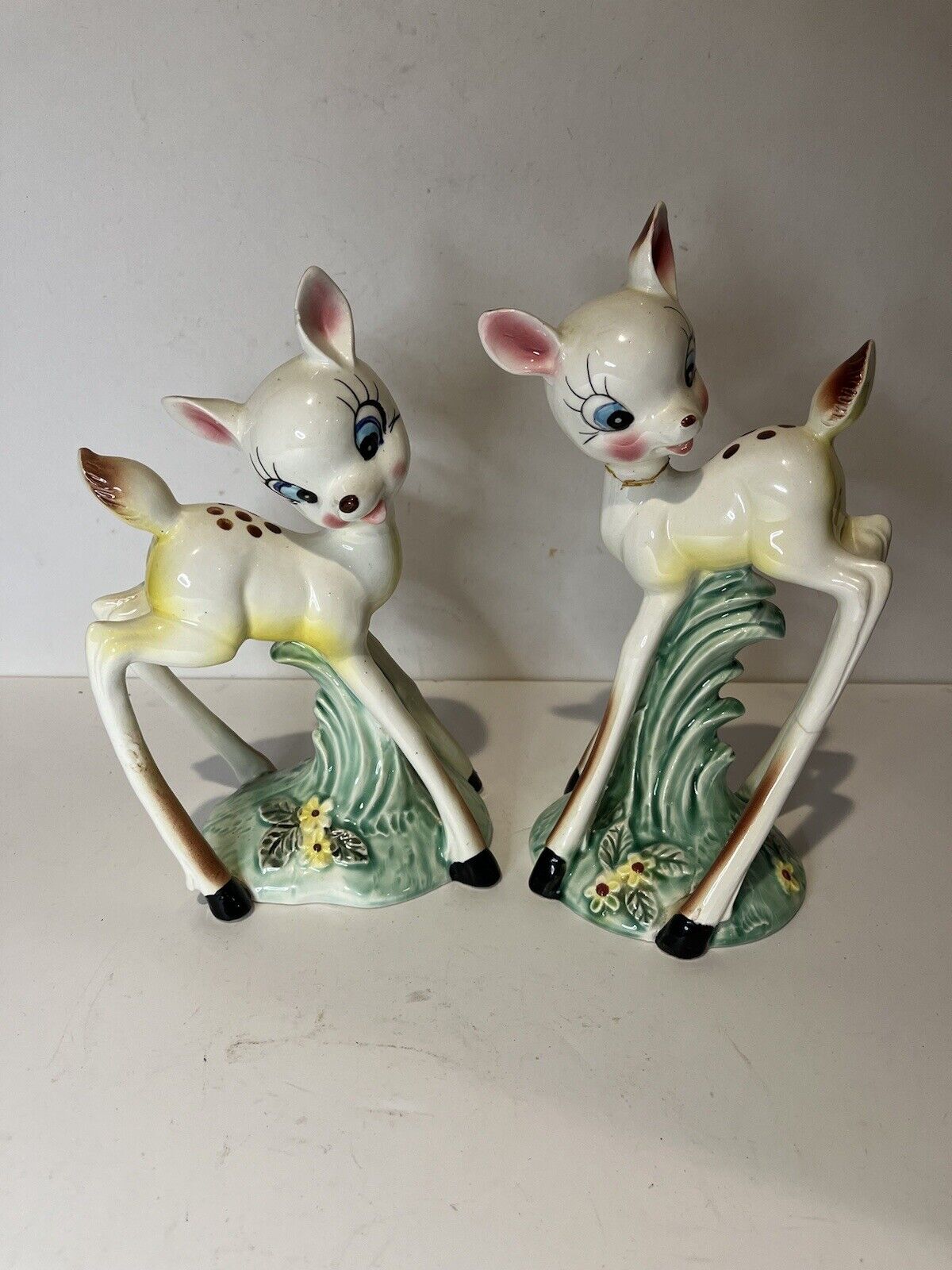 Rare Vintage Kitsch White Fawn Deer Made In Japan Figurine Pair Anamorphic