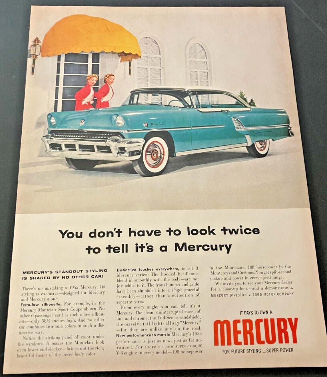1955 Mercury Montclair - Vintage Original Color Print Ad / Wall Art - CLEAN
