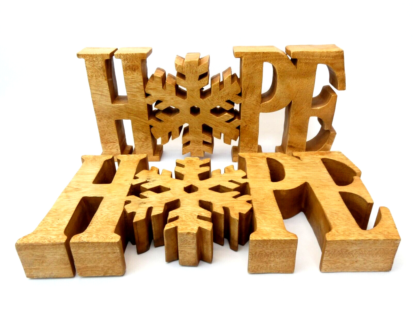 Pair Vintage Snowflake Hope Decorative Signs Stands Displays Christmas Wood