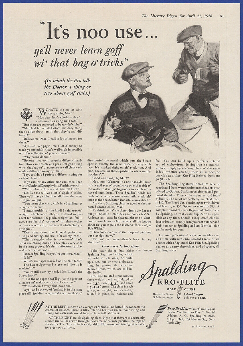 Vintage 1928 SPALDING KRO-FLITE Golf Clubs Sports Golfing 20\'s Print Ad