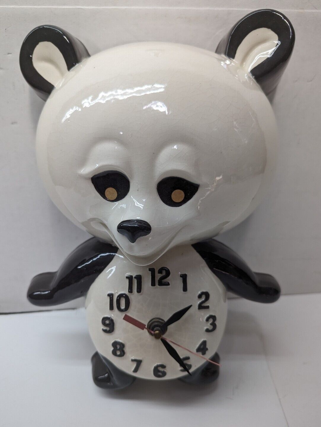 Vintage Cute Mid-Century Ceramic Panda Wall Clock Bear Unique Works Battery HTF