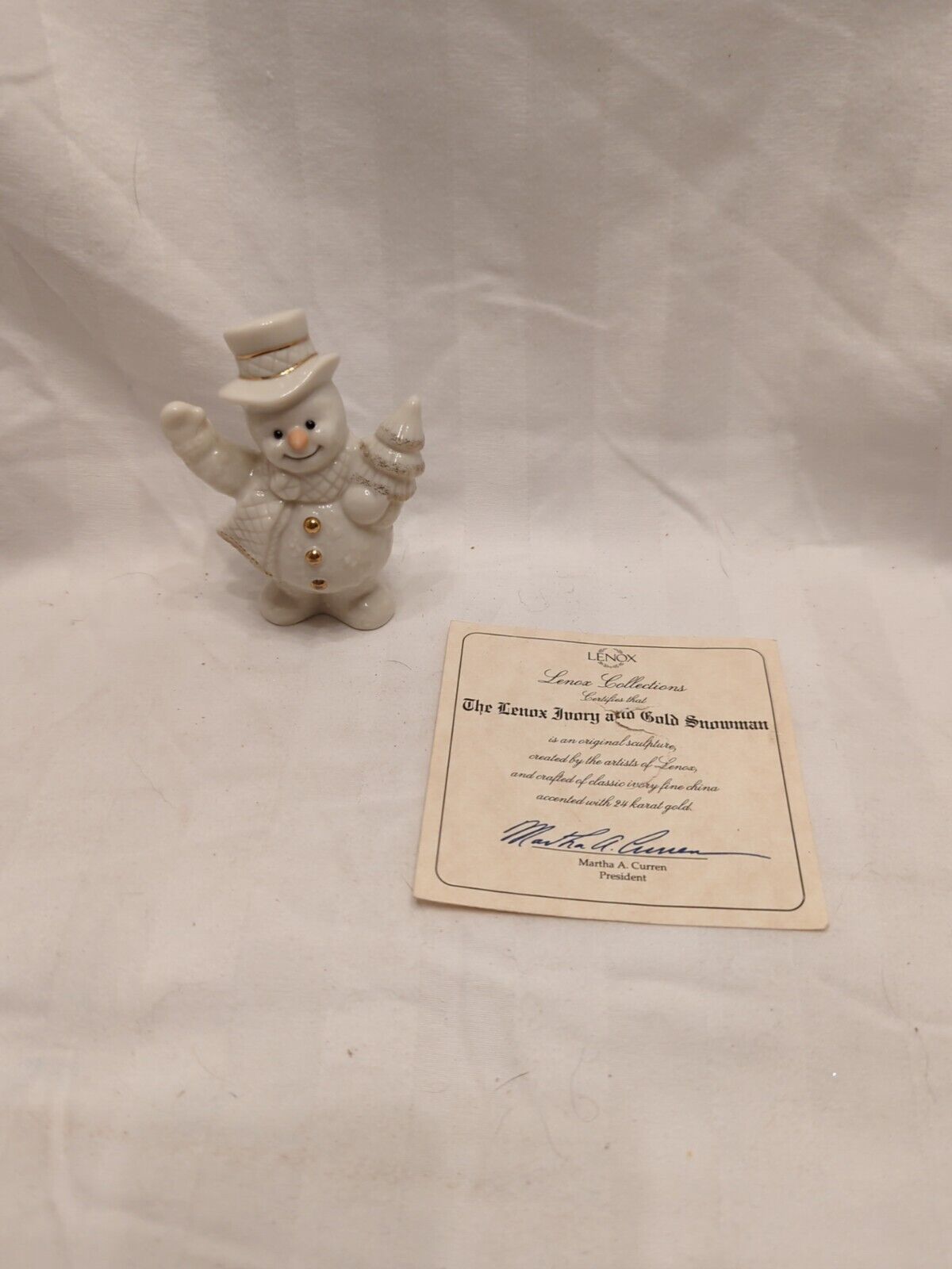 Vintage Lenox Ivory/Gold Snowman W/ Top Hat Holding Christmas Tree Figurine