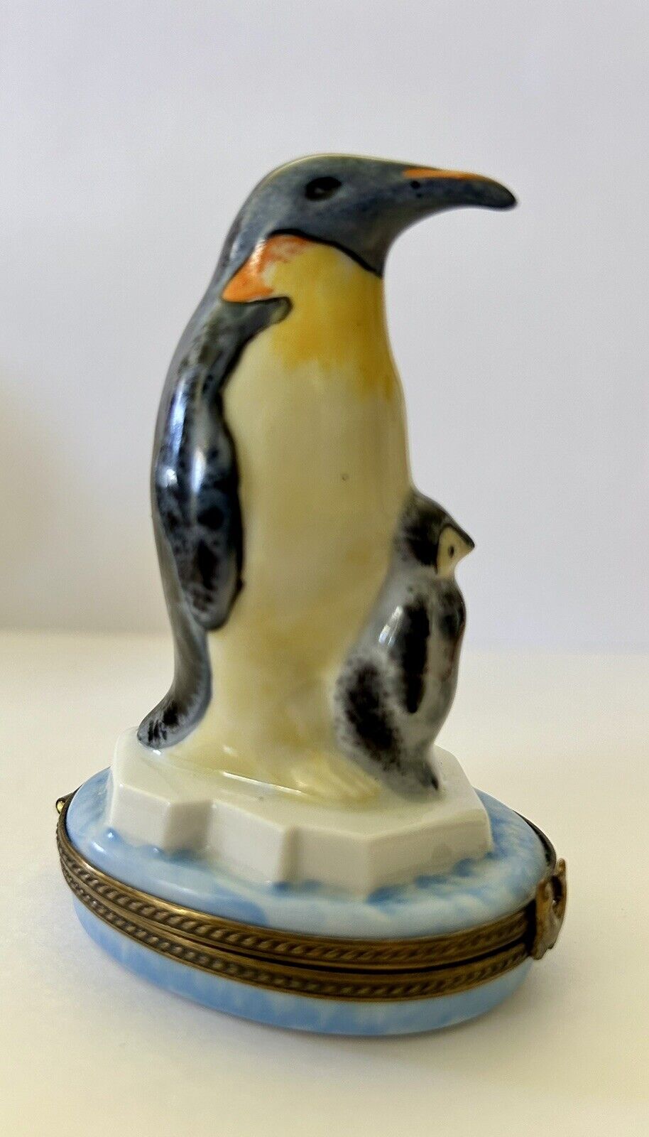 Limoges France Porcelain Trinket Box Chamart King Penguin Chick Ice Peint Main