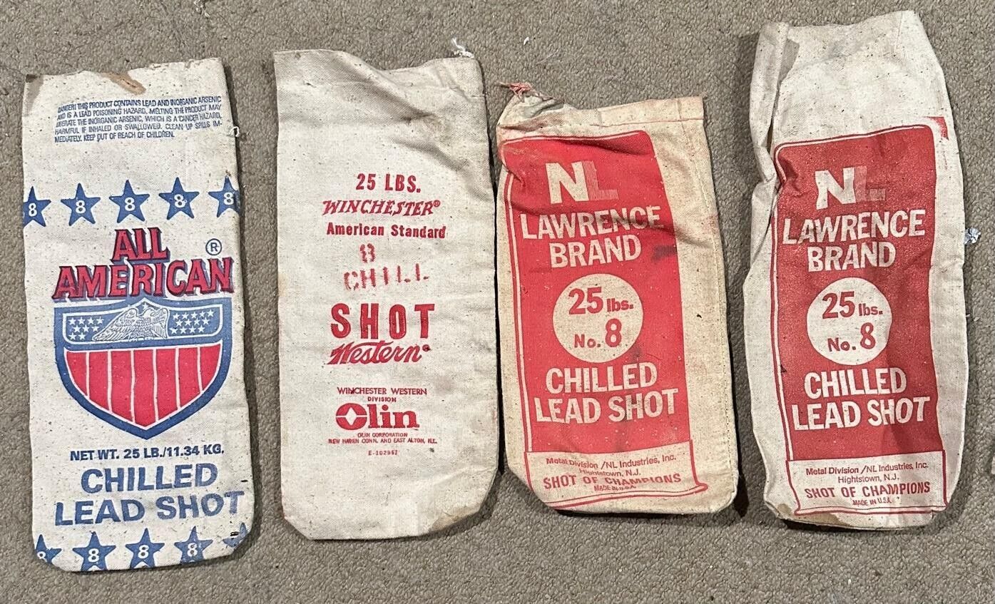 (4) Vintage 25lb Lawrence Brand Winchester All American Chilled Lead Shot Bags