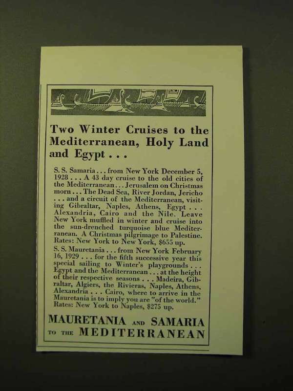 1928 S.S. Samaria and S.S. Mauretania Cruise Ad
