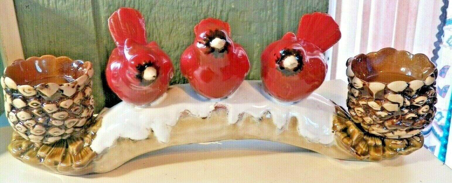  Beautiful Rare TII Collections 3 Cardinals on Branch w Pine Cones Candle Holder