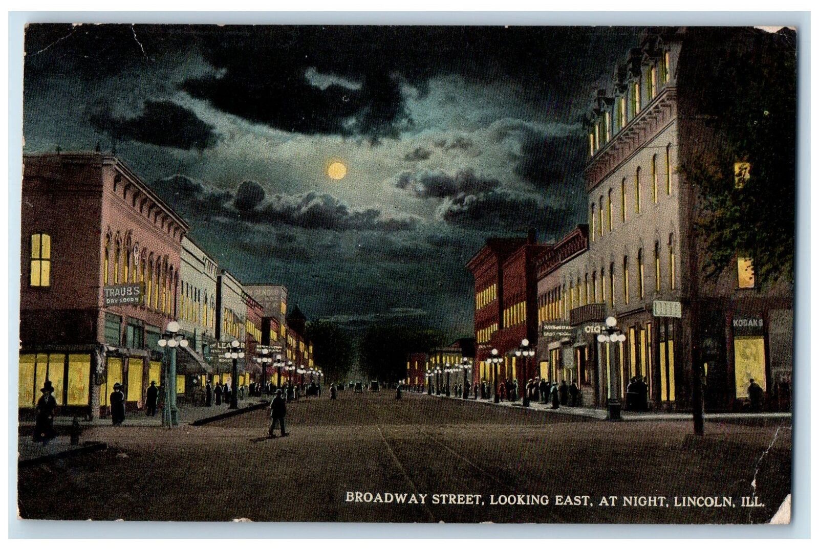 1915 Broadway Street Looking East At Night Lincoln Illinois IL Posted Postcard