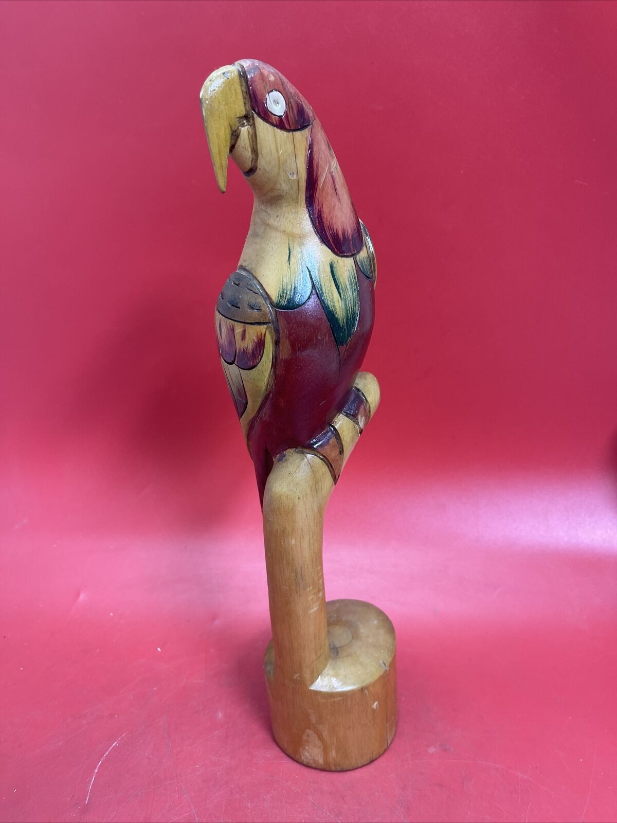 Vintage Wooden Parrot on Perch Hand Carved Painted Tropical Sculpture 16”
