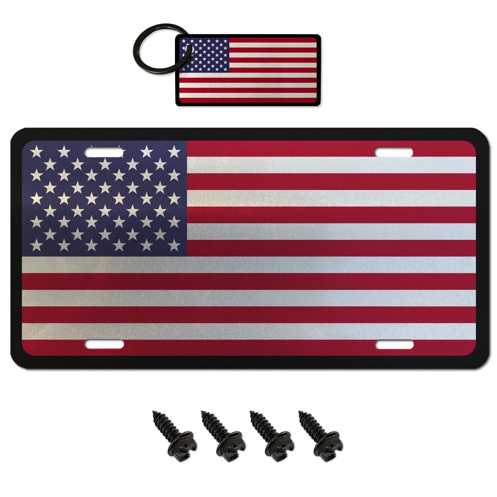 USA Made - Brushed Metal American Flag License Plate + 4 Black Screws + Keychain