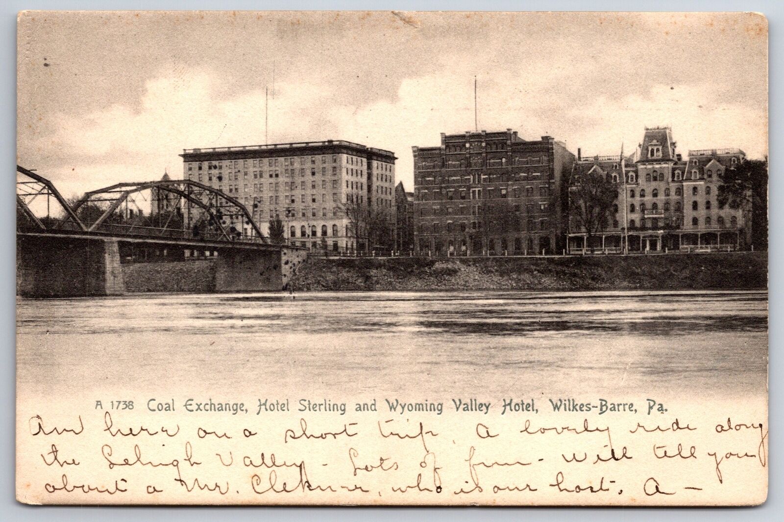Wilkes-Barre Pennsylvania~Coal Exchange~Hotel Sterling~Hotel~Bridge & River~1905