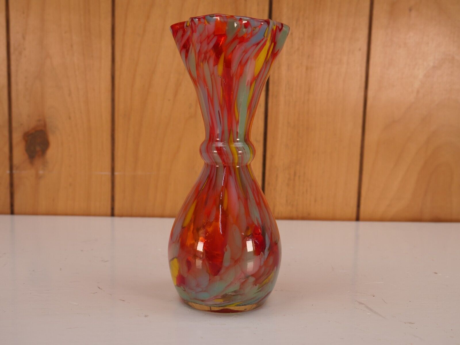 Vintage Murano Style Vase Confetti Art Hand Blown Glass Ruffled Rim