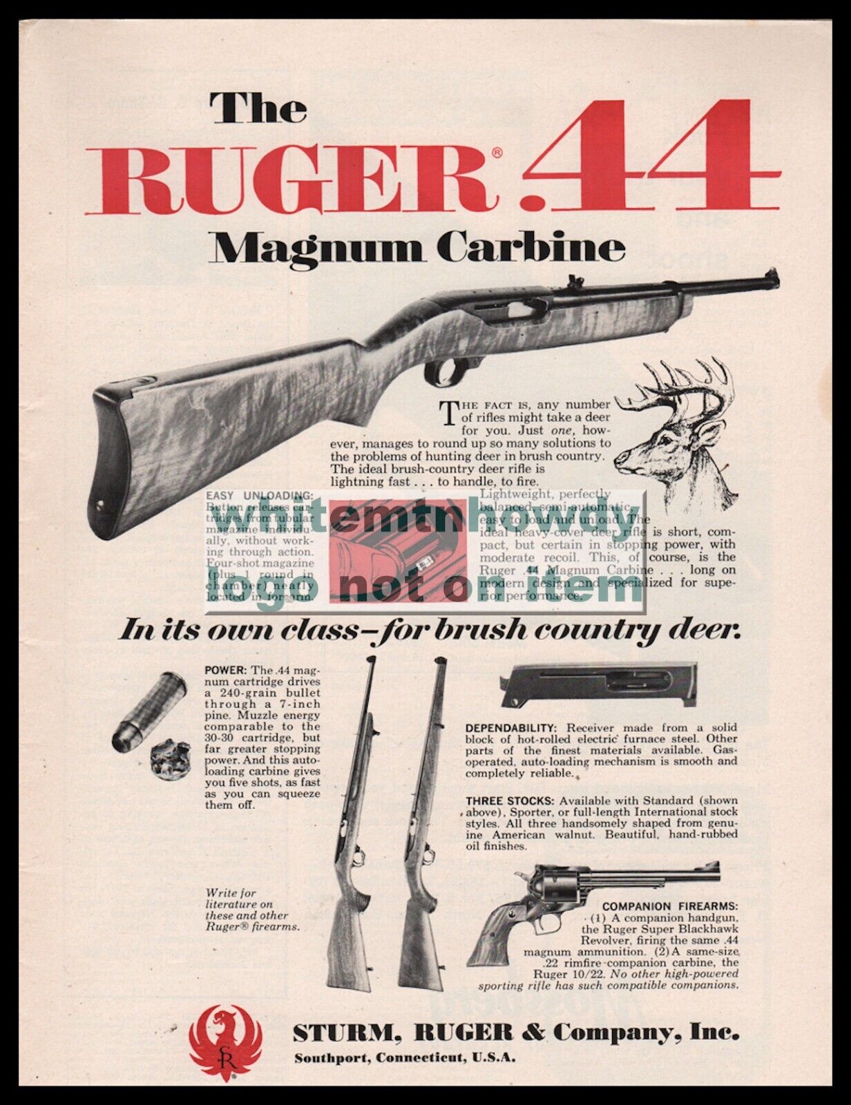 1966 RUGER .44 Magnum Carbine Original PRINT AD