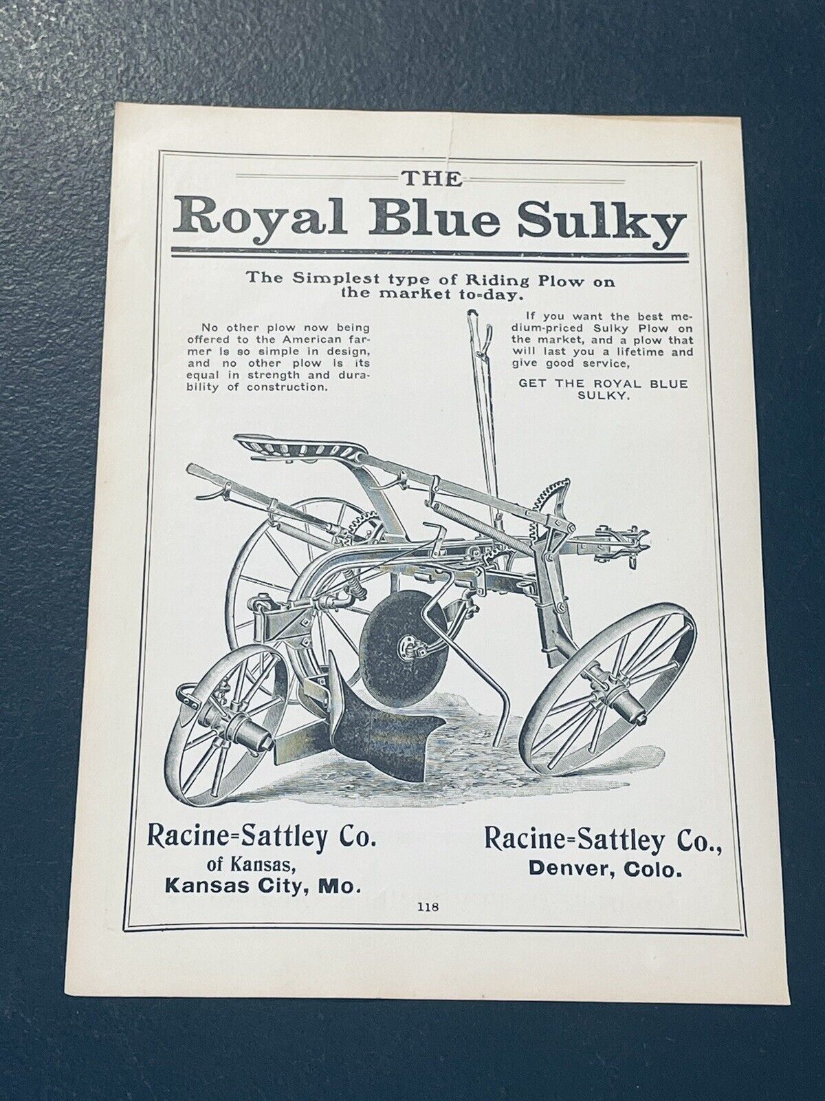 ORIGINAL 1907 Royal Blue Sulky Farm Implement Advertising - Racine-Sattley
