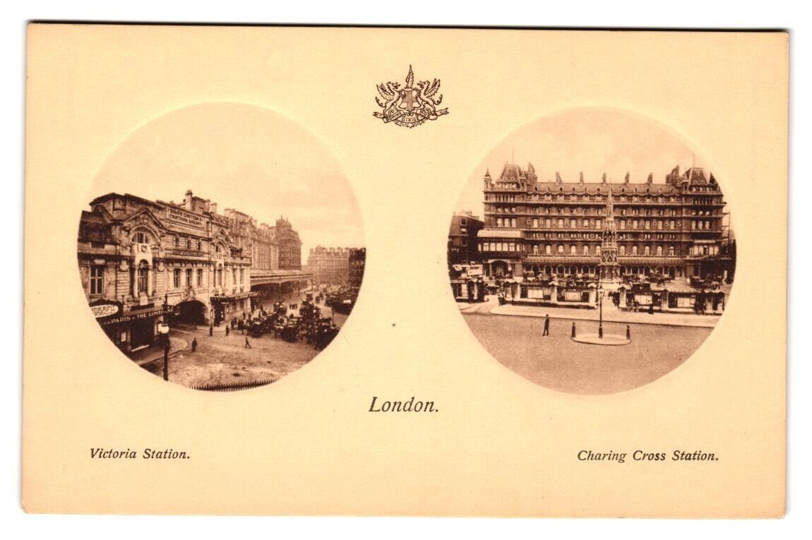 Postcard England London Dual View Victoria Station, Charing Cross Station c.1900